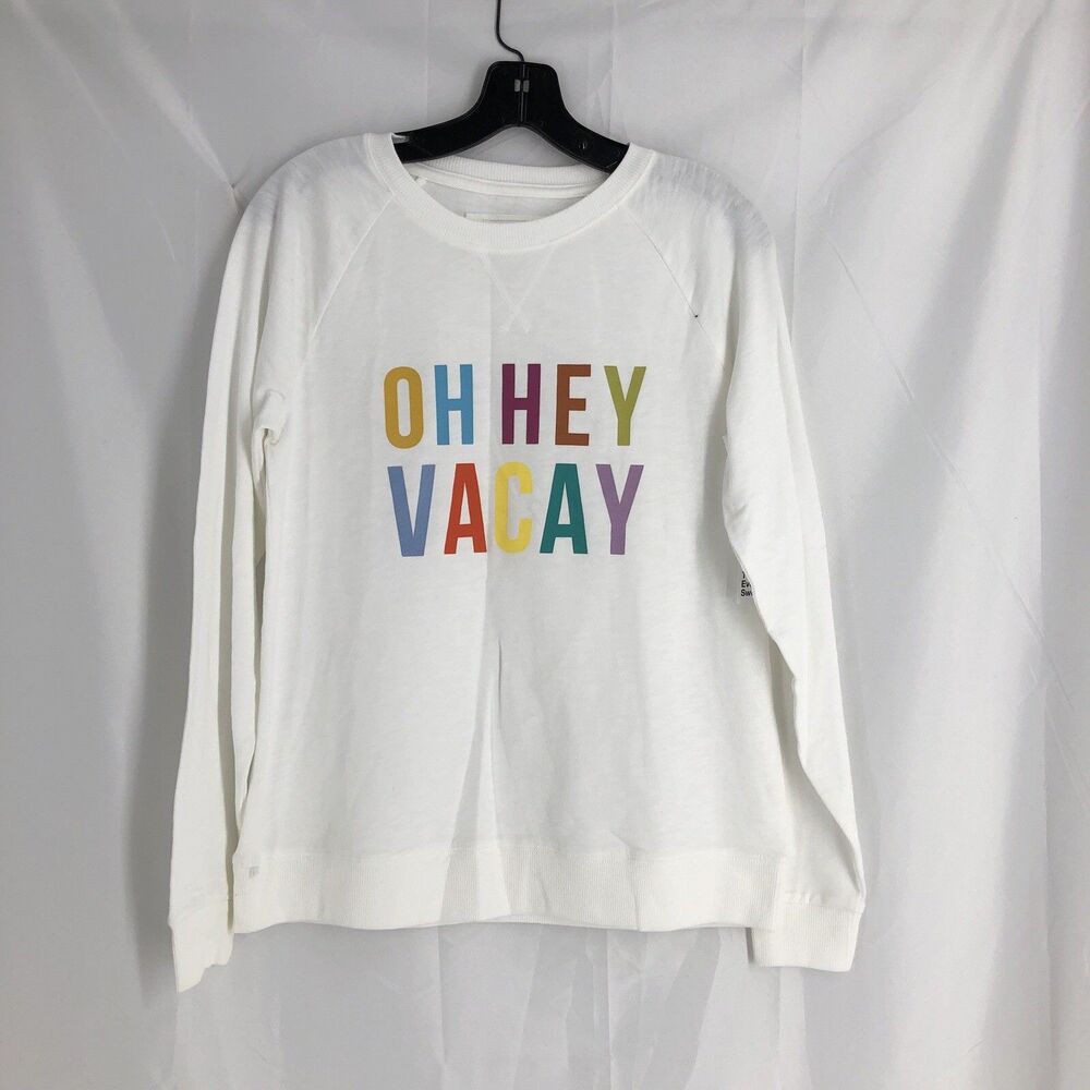 L Sonoma Women's White Long Sleeve Oh Hey Vacay Lightweight Sweatshirt Size Sm